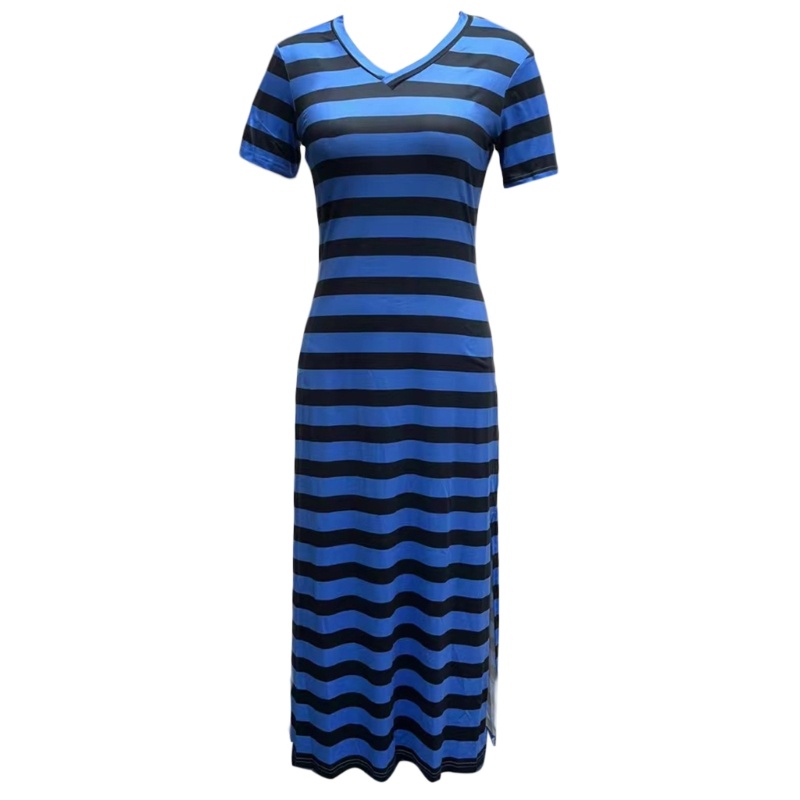 Đầm Dài Xẻ Tà Tay Ngắn Cổ Chữ V Họa Tiết Kẻ Sọc Thời Trang Mùa Hè Quyến Rũ Cho Nữ