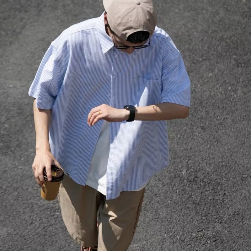 Áo Sơ Mi Tay Ngắn Dáng Rộng Vải Cotton Họa Tiết Kẻ Sọc Phong Cách Nhật Bản Cao Cấp