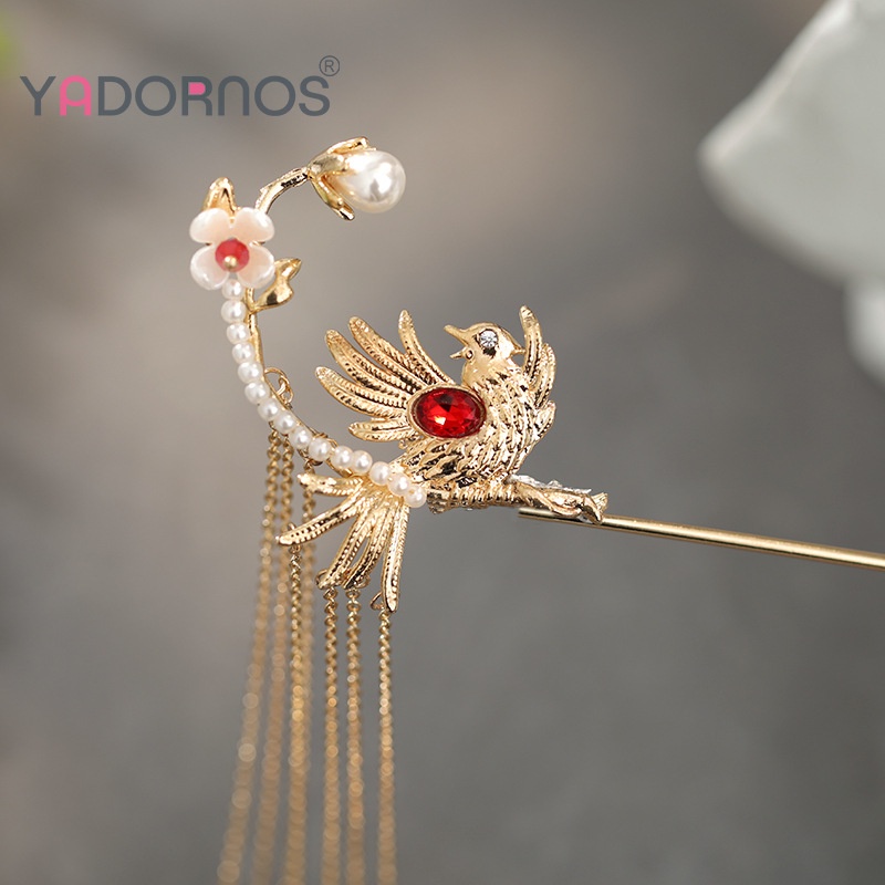 Trâm Cài Tóc Tua Rua Họa Tiết Chim Vàng Phong Cách Truyền Thống Trung Hoa