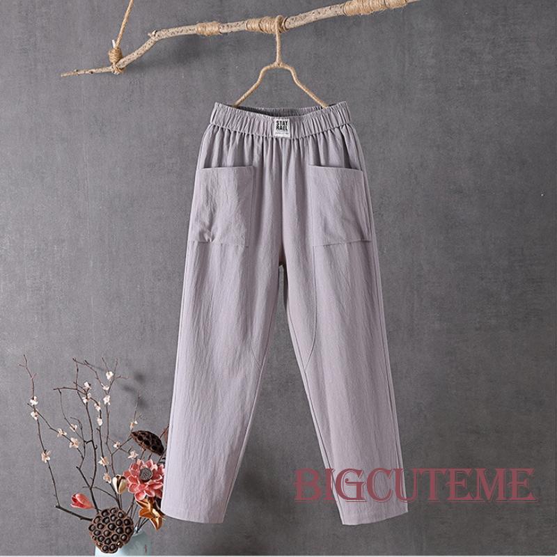 [] Quần Dài Đến Mắt Cá Chân Ống Rộng Vải Lanh Cotton Màu Trơn Lưng Thun Có Túi Dành Cho Nữ