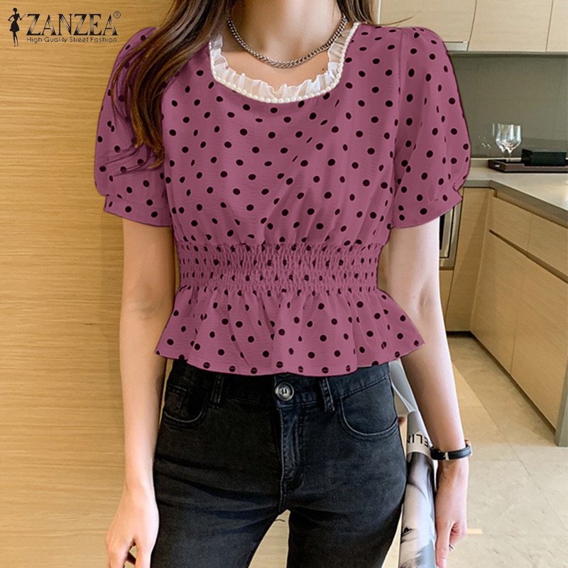 ZANZEA Áo Kiểu Cổ Vuông Tay Phồng Lưng Thun Thời Trang Hàn Quốc Cho Nữ