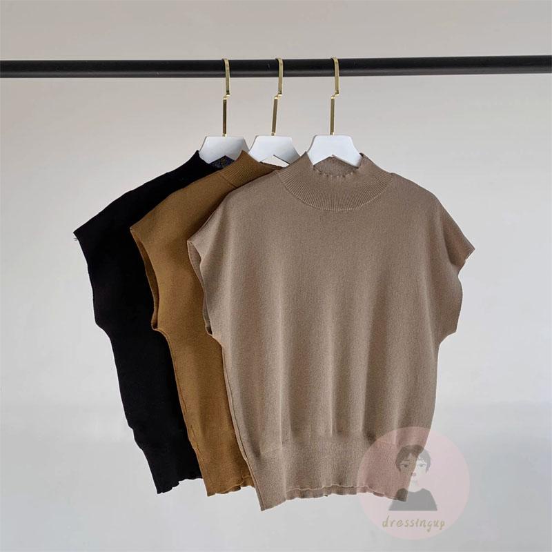 Áo Thun Dệt Kim Sát Nách Cổ Cao Màu Sắc Đơn Giản Thời Trang Mùa Hè Cho Nữ