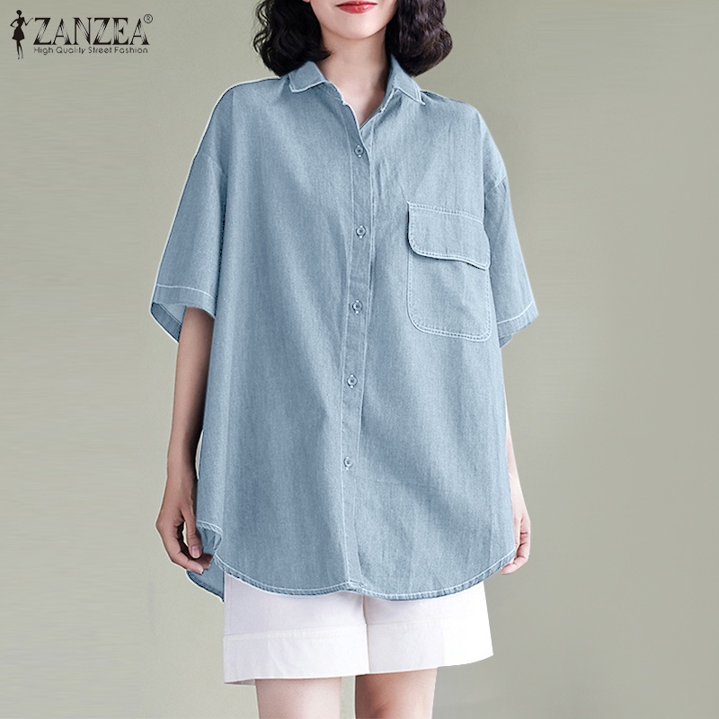 ZANZEA Áo Sơ Mi Tay Ngắn Có Túi Cài Nút Thời Trang Hàn Quốc Cho Nữ