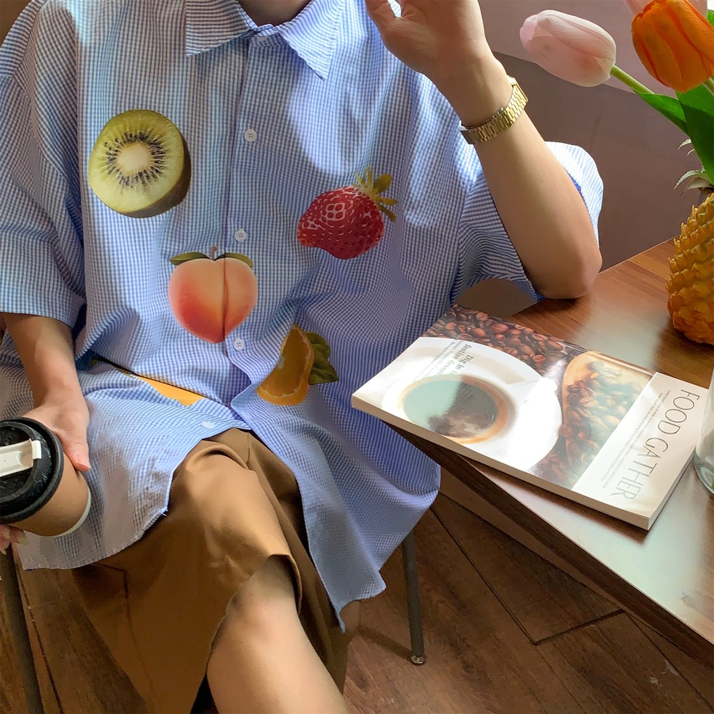 Áo Sơ Mi Tay Ngắn Dáng Rộng Họa Tiết Sọc Caro Thời Trang Mùa Hè Cho Cặp Đôi