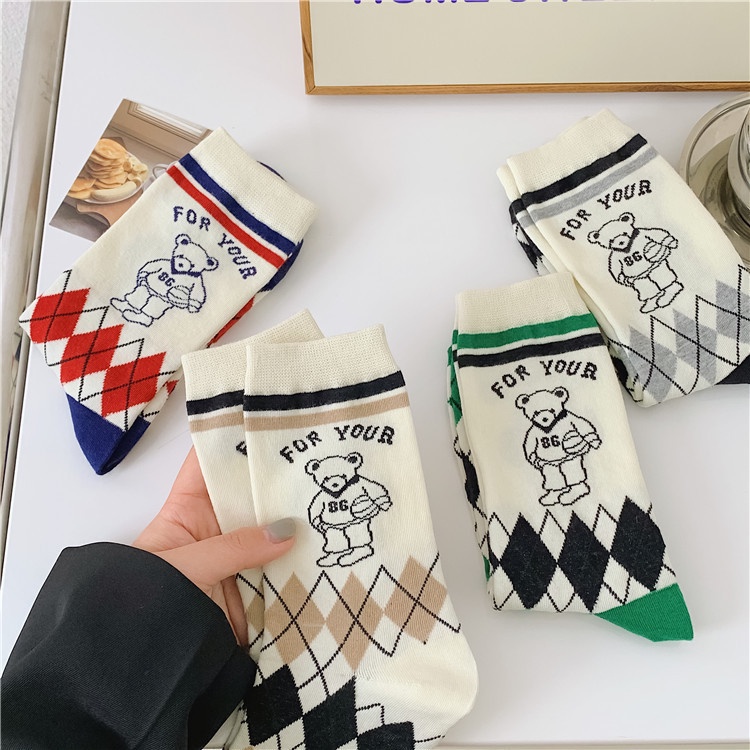 Hàng Mới Về Đôi Tất Cotton Ngắn In Hình Gấu Hoạt Hình Đính Kim Cương Thời Trang Cho Nữ