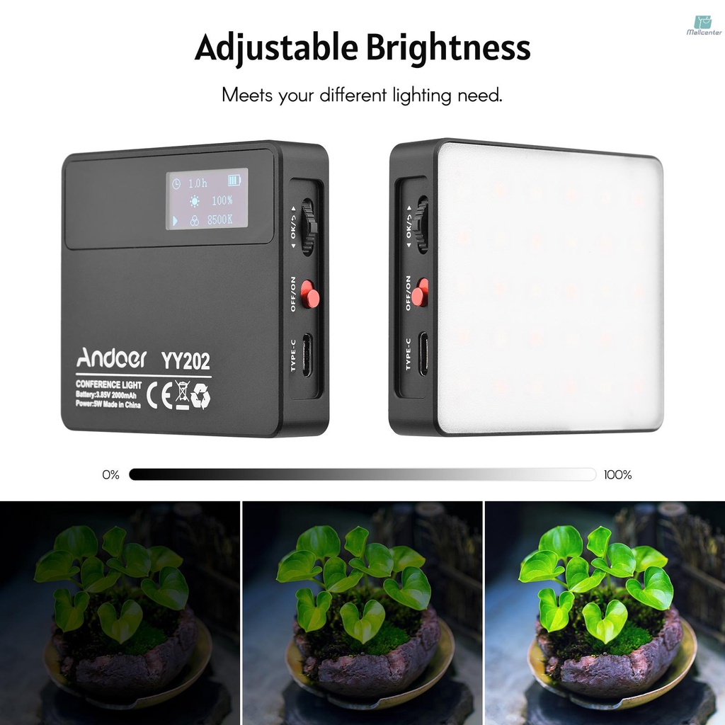 Andoer YY202 Bi-Color Pocket LED Video Light Photography Conference Fill Light 2500K-8500K Dimmable Aluminum Alloy Built-in Battery with Silicone Diffuser Mini Ballhead Adapter for Vlog Live Streaming