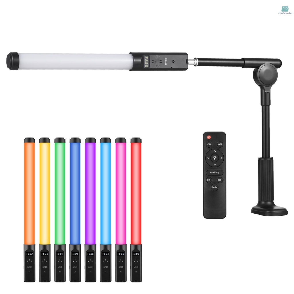 Handheld RGB Tube Light with Desktop Clip-on Light Stand Remote Control LED Video Light Wand 3200K-5500K Dimmable 9 Colorful Lighting Effects Built-in Battery for Vlog Live Streaming Product Portrait
