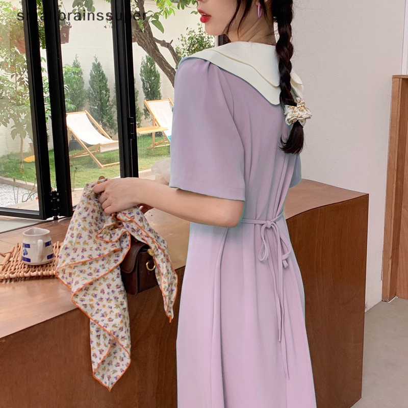 Đầm Dáng Chữ A Tay Ngắn Cổ Peter Pan Ôm Eo Thời Trang Mùa Hè Cho Nữ