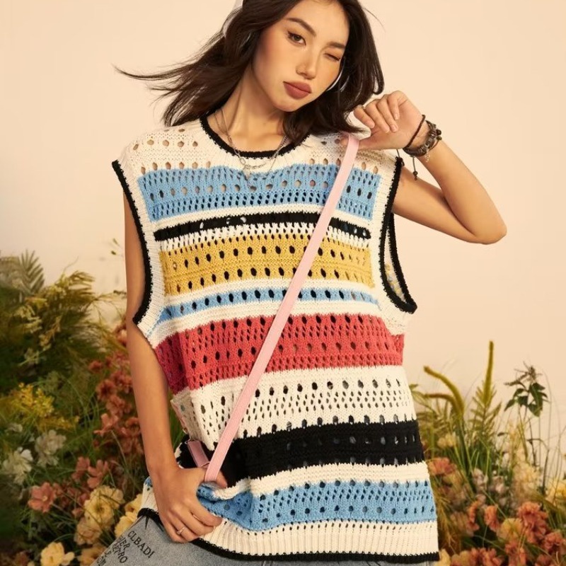 Áo Sweater Dệt Kim Sát Nách Kẻ Sọc Màu Sắc Tương Phản Kiểu Retro Cá Tính Cho Nam