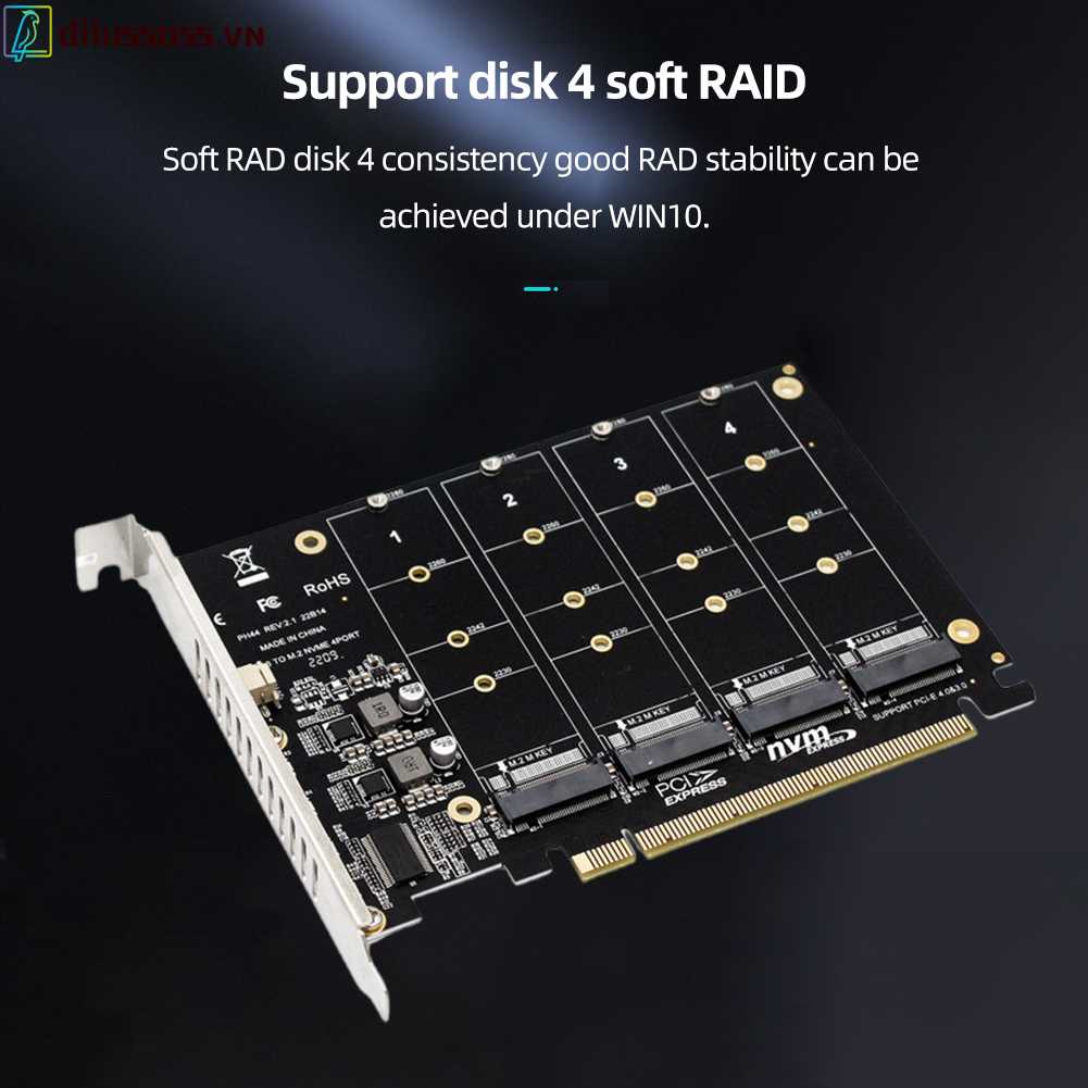 Bộ ChuyểN ĐổI Ổ CứNg 4 CổNg M.2 NVME SSD Sang PCIE X16, Hỗ Trợ 2230 / 2242 / 2260 / 2280