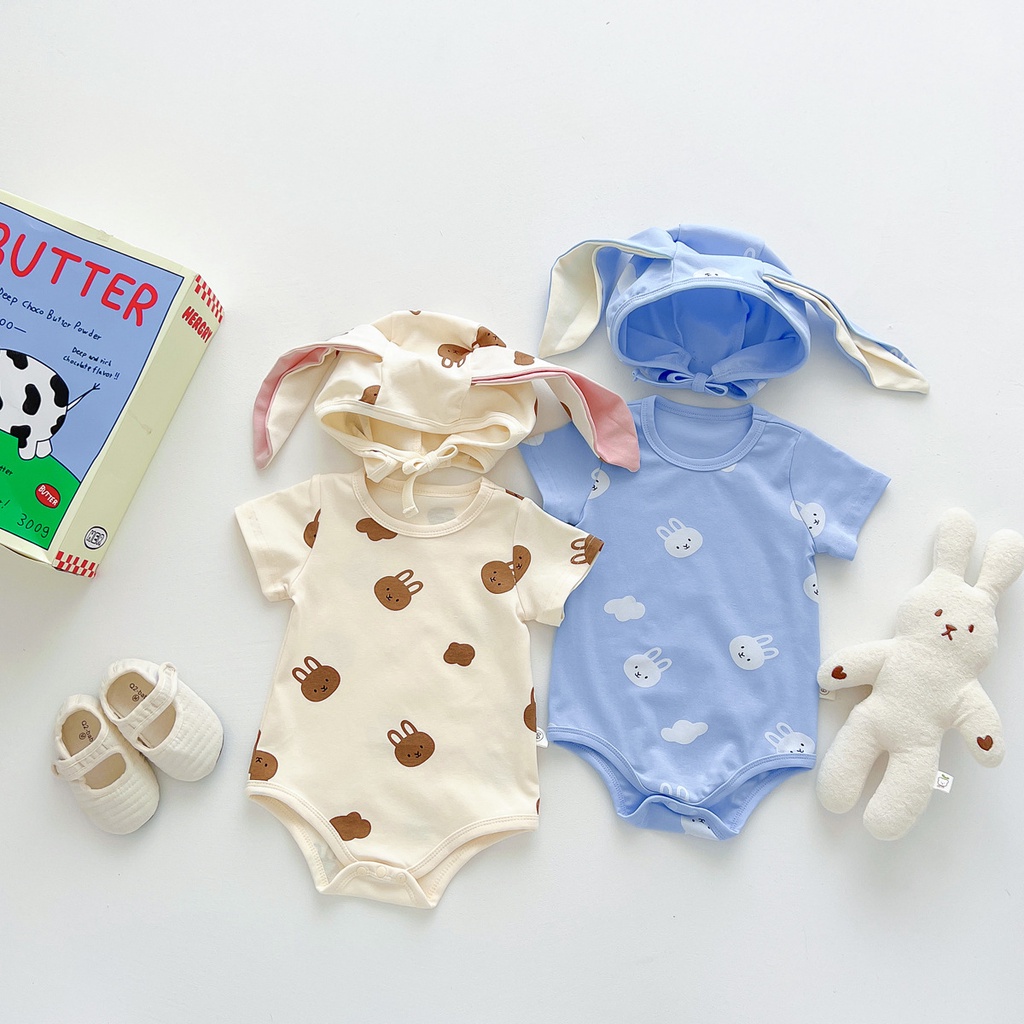 Bộ Áo Liền Quần Bằng Cotton Nguyên Chất In Họa Tiết Gấu / Thỏ Dễ Thương Kèm Mũ Cho Bé Sơ Sinh