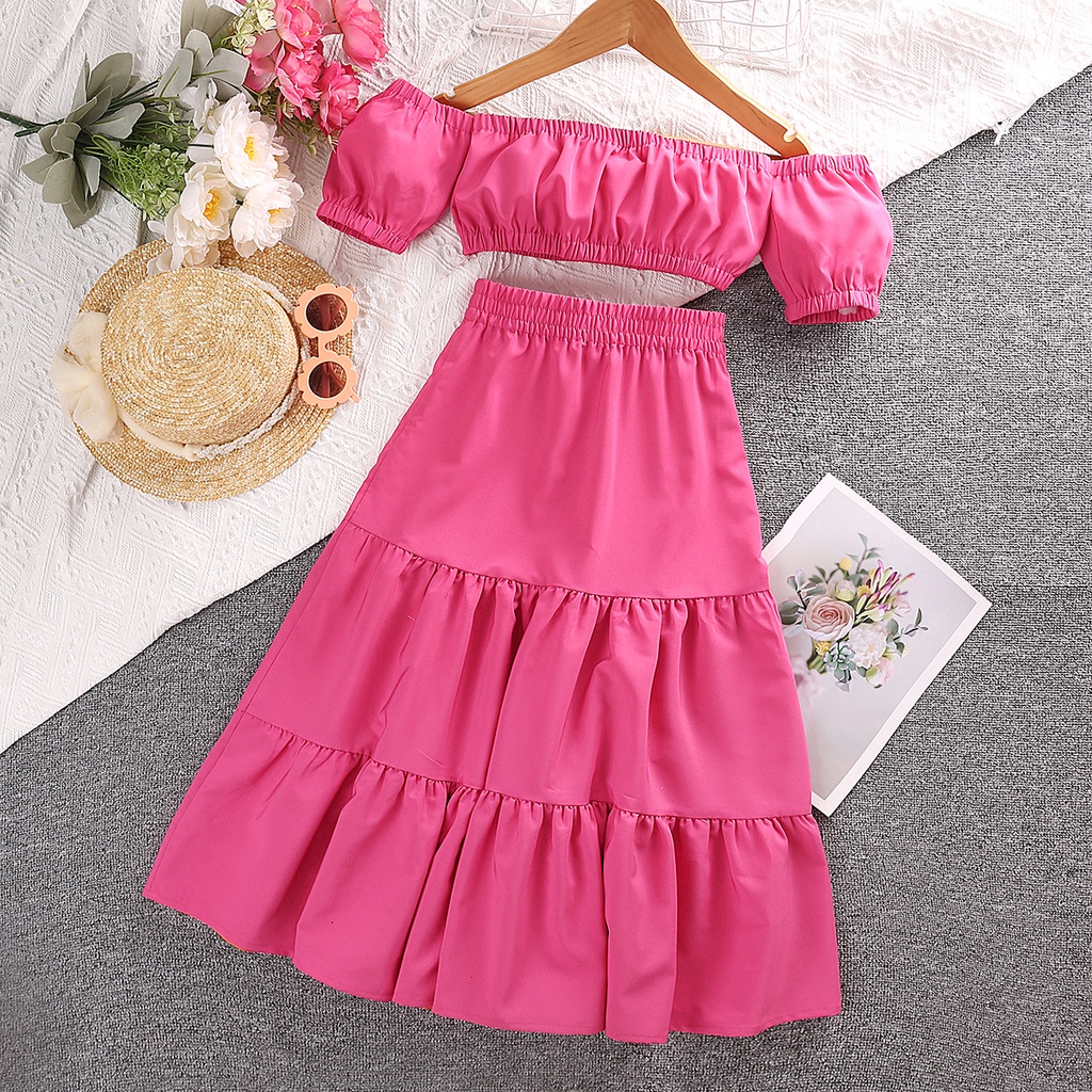Combo bộ đồ bé gái 5-11 Tuổi ngắn tay áo trễ vai Chân Váy cho bé set mùa hè thời trang cho bé trẻ em
