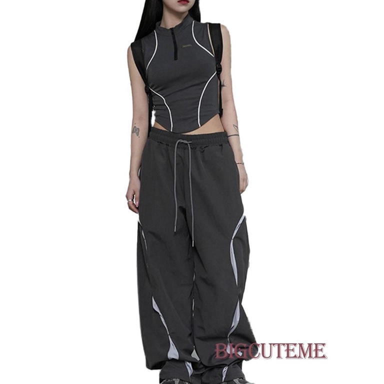 Quần Dài Dáng Suông Lưng Thun Rút Dây Màu Sắc Tương Phản Thời Trang Đường Phố Cho Nữ