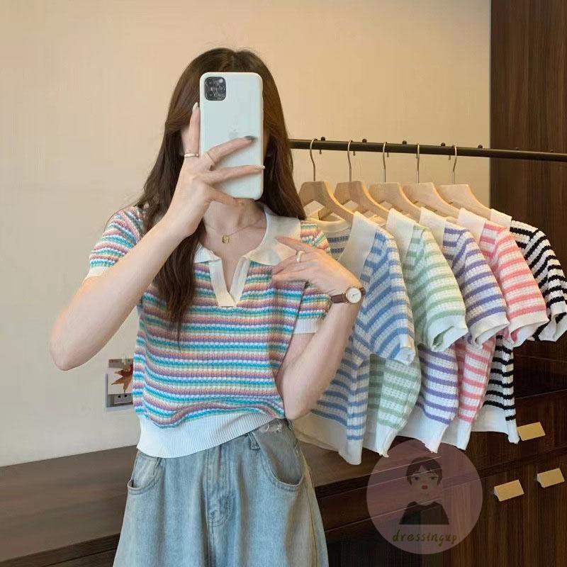 Áo Thun Dệt Kim Ngắn Tay Họa Tiết Kẻ Sọc Đơn Giản Cho Nữ
