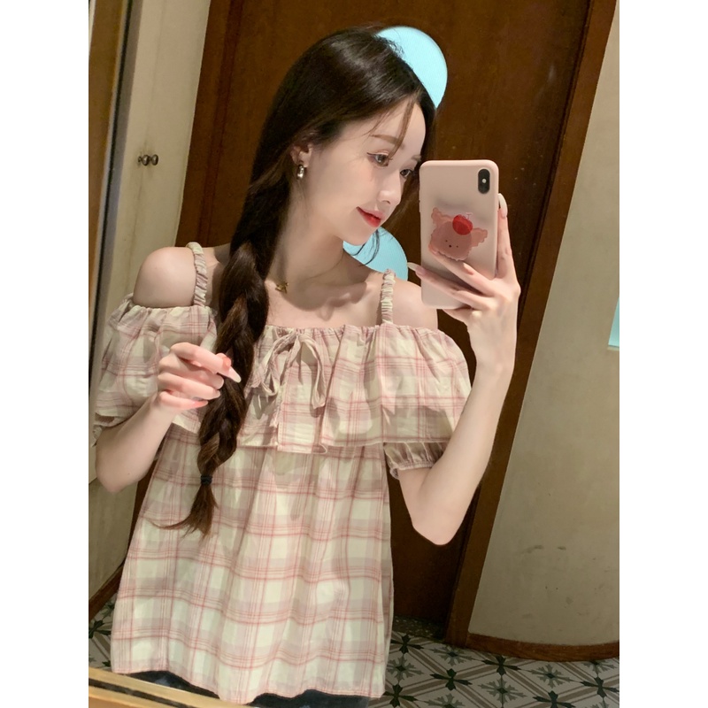 Áo Sơ Mi Tay Ngắn Phồng Trễ Vai Họa Tiết Sọc Caro Thiết Kế Mới Thời Trang Mùa Hè Theo Phong