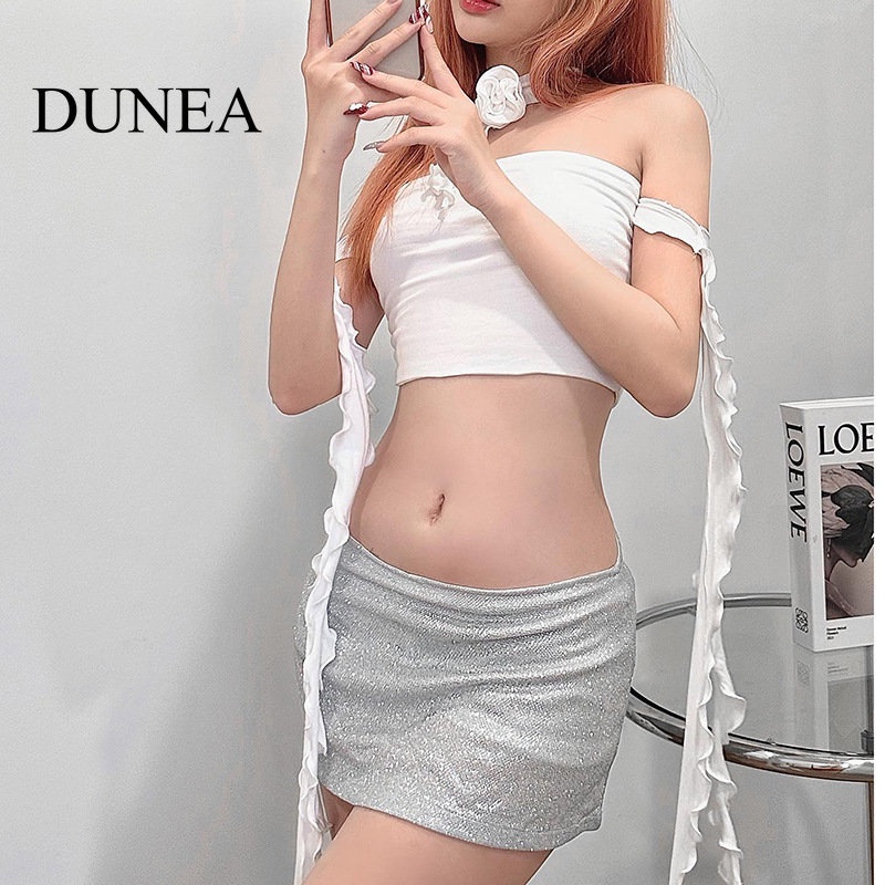 DUNEA Áo Crop Top Hai Dây Họa Tiết Hoa Dành Cho Nữ