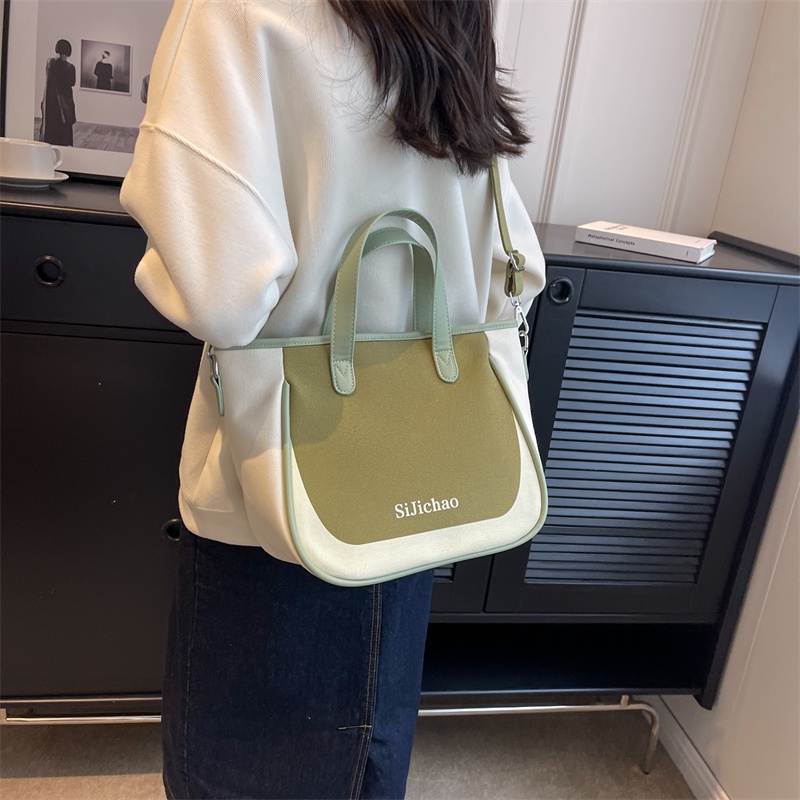 Túi tote Hình Vuông Bằng Vải Bạt Màu Tương Phản Thời Trang Hàn Quốc Cho Nữ
