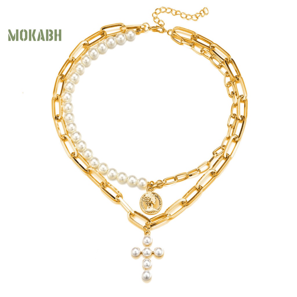 Vòng cổ Hai Lớp Đính Ngọc Trai Nhân Tạo Dây Hình Thánh Giá Có Thể Điều Chỉnh