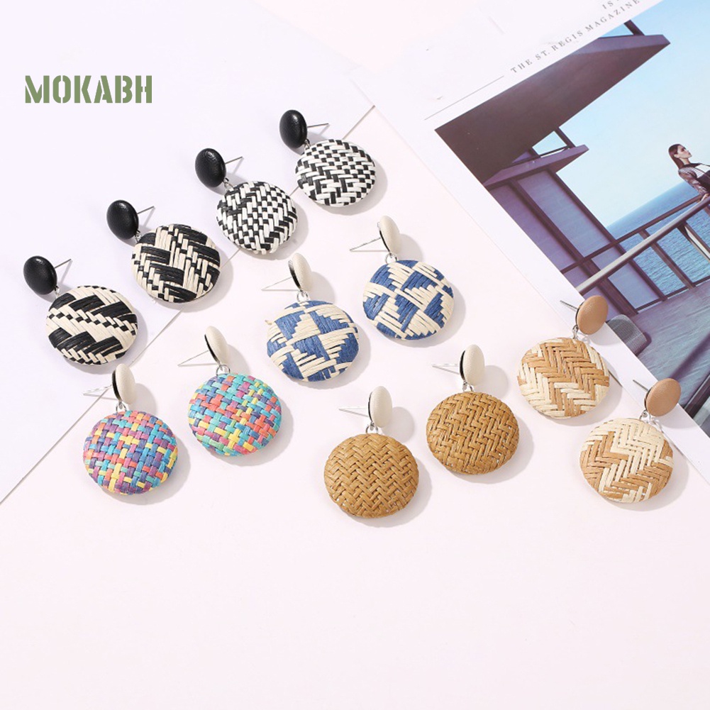 Bông Tai Tròn Bằng Rơm Dệt Phối Nút Phong Cách Boho Thời Trang Cho Nữ