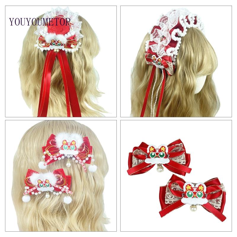 Kẹp Tóc Nơ Phối Ren Màu Đỏ Phong Cách Lolita