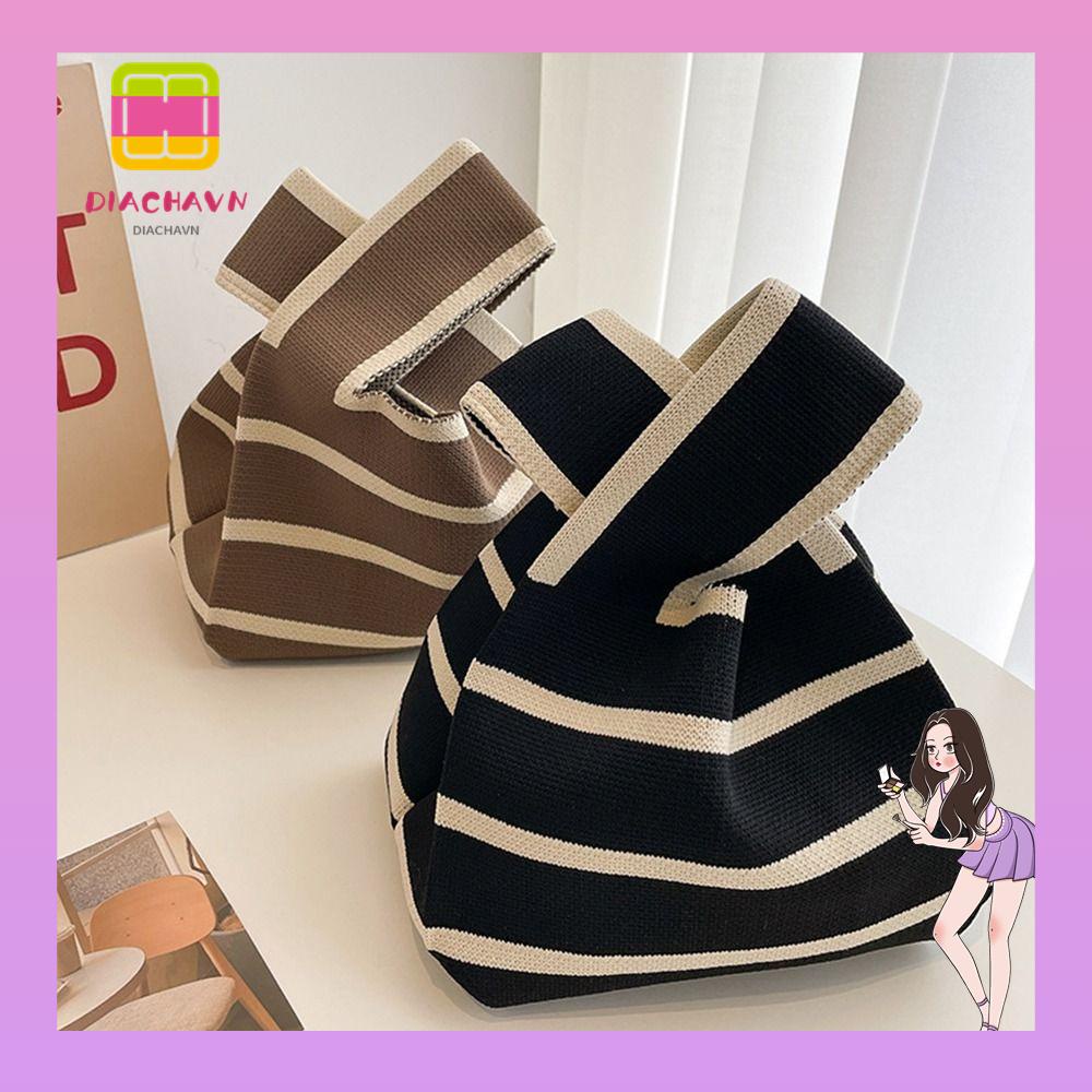 Túi Tote Đan Len Thủ Công Họa Tiết Sọc Caro Xinh Xắn Cho Nữ