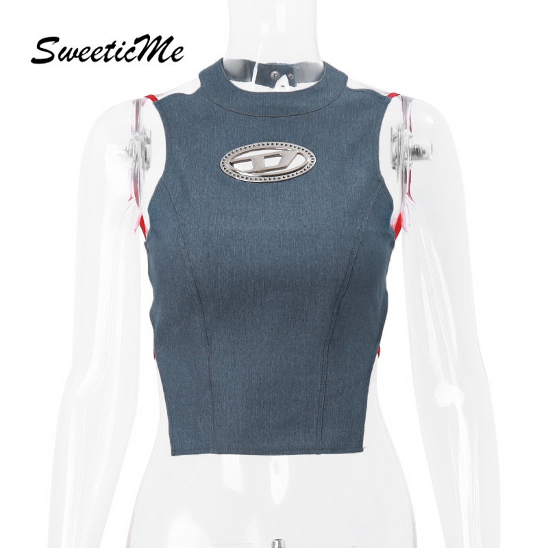 Áo Denim Hai Dây Cổ Tròn Hở Lưng Dáng Ôm Thời Trang 2023 Cho Bạn Gái