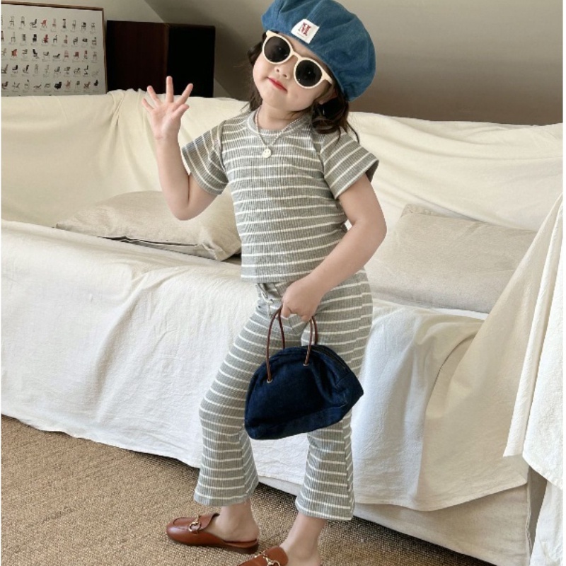 Bộ Áo Thun Kẻ Sọc + Quần Co Giãn Phong Cách Hàn Quốc Dễ Thương Cho Bé Gái