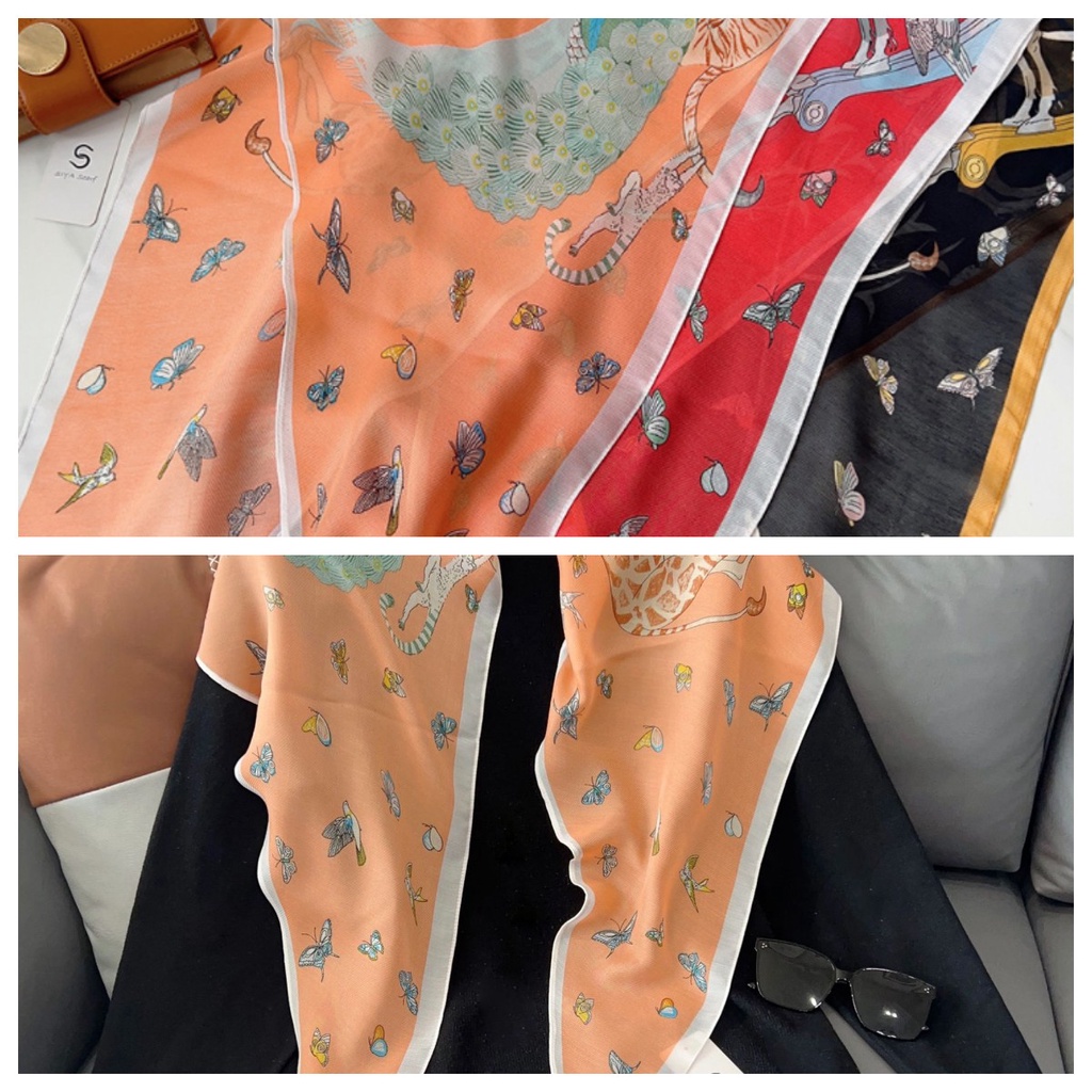 Khăn Choàng Cổ Lụa In Họa Tiết Bươm Bướm Phong Cách Hàn Quốc 180 * 38cm Dành Cho Nữ