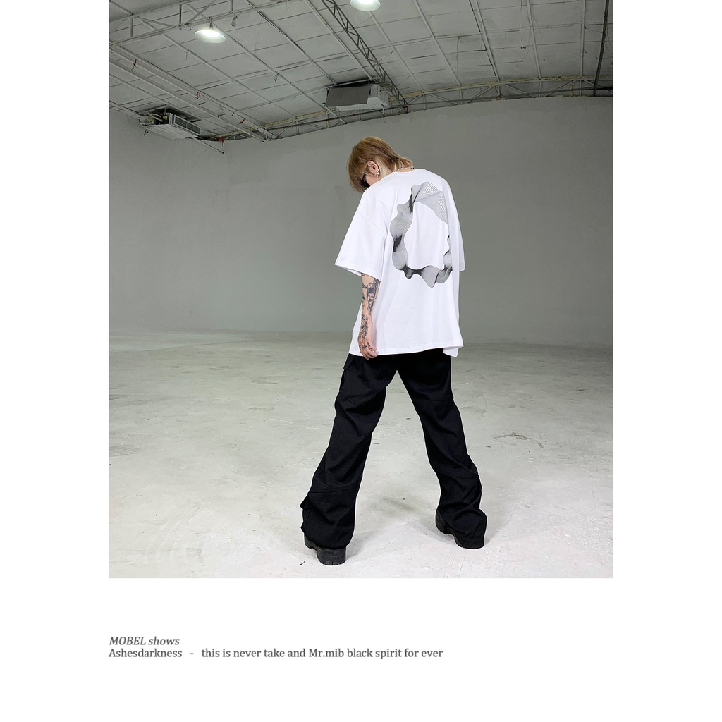 Ông Mr. Mr. Áo Thun Đen Tay Ngắn Dáng Rộng In Họa Tiết Hình Học Đường Phố Mùa Hè