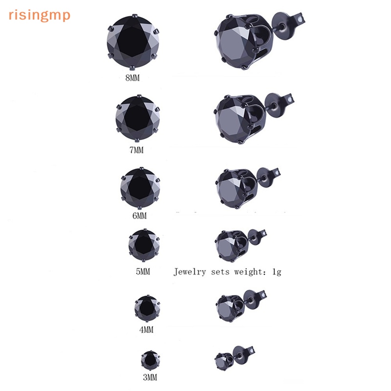 6 Đôi Bông Tai Hình Khối Tròn Màu Đen Bằng Thép Không Gỉ Kích Thước 3mm-8mm Dành Cho Nam Nữ