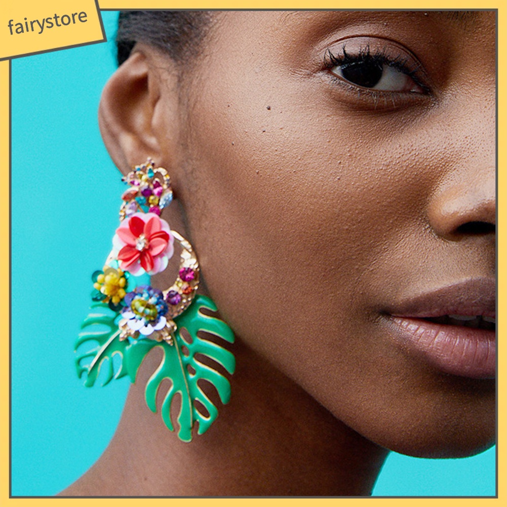 Bông Tai Hình Hoa Lá Đính Hạt Lấp Lánh Phong Cách Vintage Dành Cho Nữ