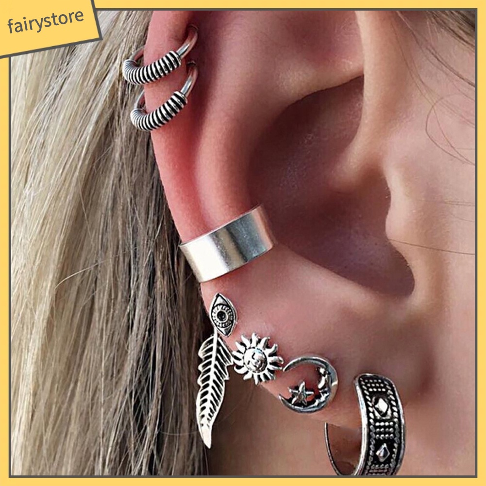 Bông Tai Dạng Kẹp Hình Mặt Trời / Lông Vũ Chạm Khắc Phong Cách Boho Punk Cổ Điển