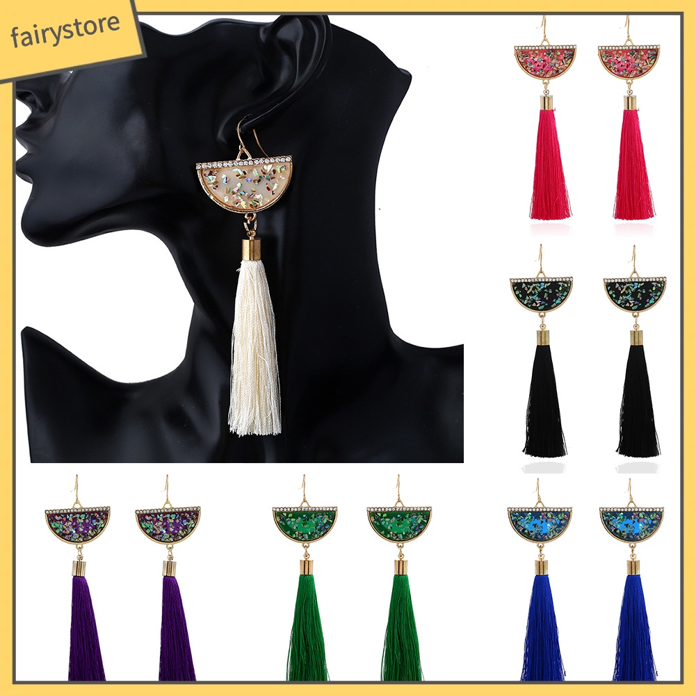 Bông Tai Dáng Dài Đính Đá Phối Tua Rua Hình Quạt Phong Cách Dân Tộc Cổ Điển Thời Trang Cho Nữ