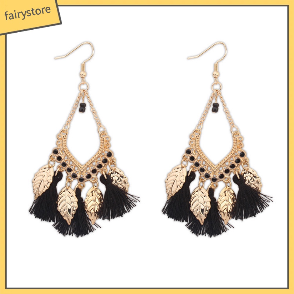 Bông Tai Dáng Dài Hình Chiếc Lá Bằng Kim Loại Phối Tua Rua Phong Cách Bohemian Thời Trang Cho Nữ