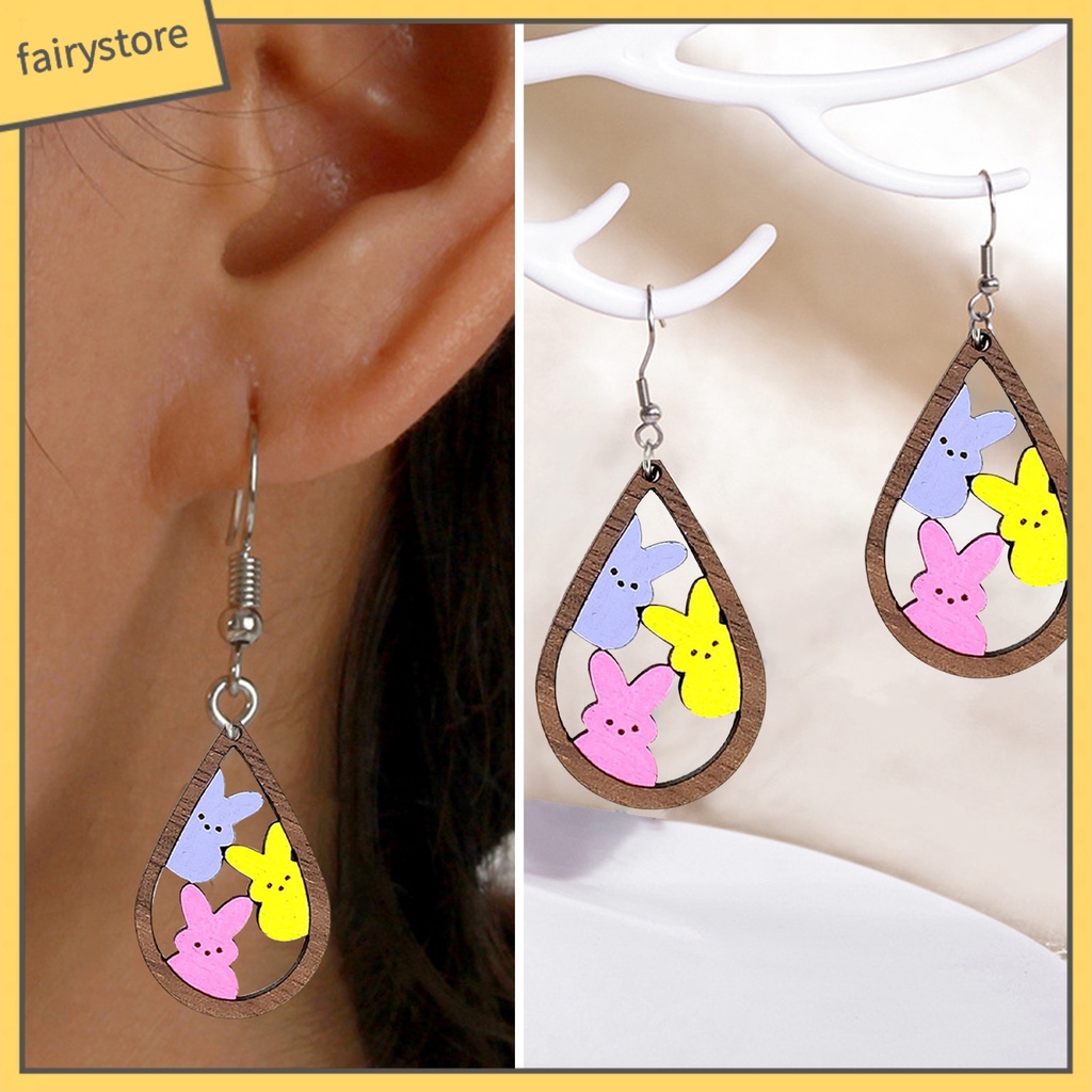 1 Đôi Bông Tai Hình Giọt Nước Họa Tiết Thỏ Bằng Gỗ Thời Trang