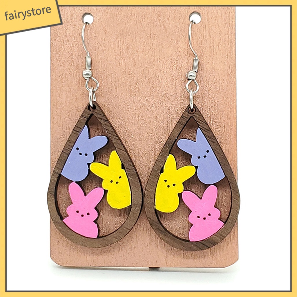 1 Đôi Bông Tai Hình Giọt Nước Họa Tiết Thỏ Bằng Gỗ Thời Trang