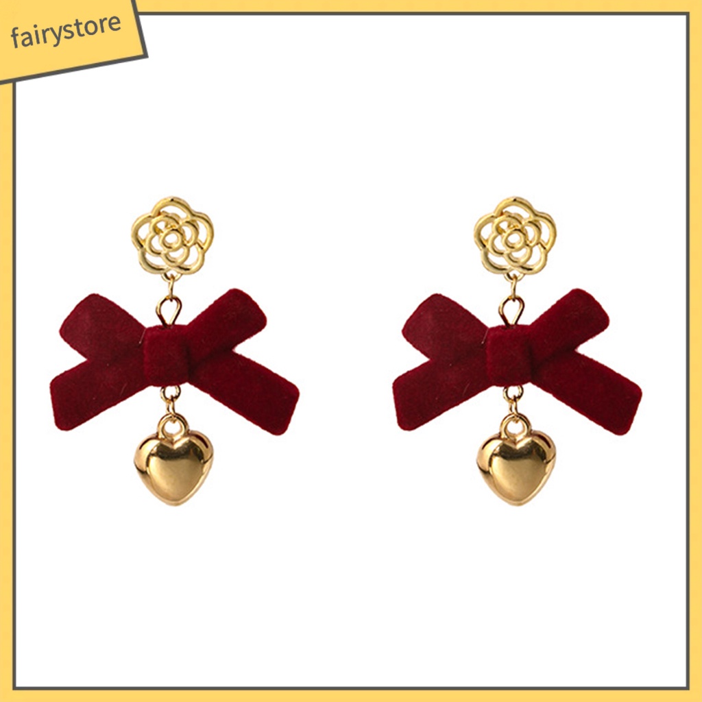 1 Đôi Bông Tai Dáng Dài Hình Nơ / Hoa / Trái Tim Màu Đỏ Chống Rơi Thời Trang Cho Nữ