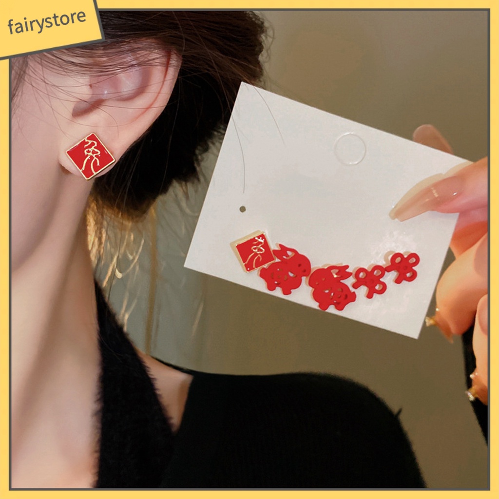 Set 3 Đôi Khuyên Tai Hình Thỏ Hoạt Hình Phong Cách Trung Hoa Ngọt Ngào Cho Nữ
