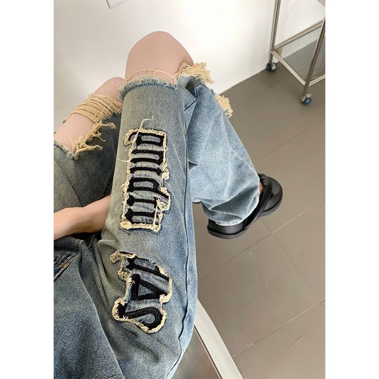 Y2k Quần Jeans Nữ Rách Dáng Suông Rộng Thêu Chữ vibe Đường Phố Mỹ Mùa Hè Cho Nữ