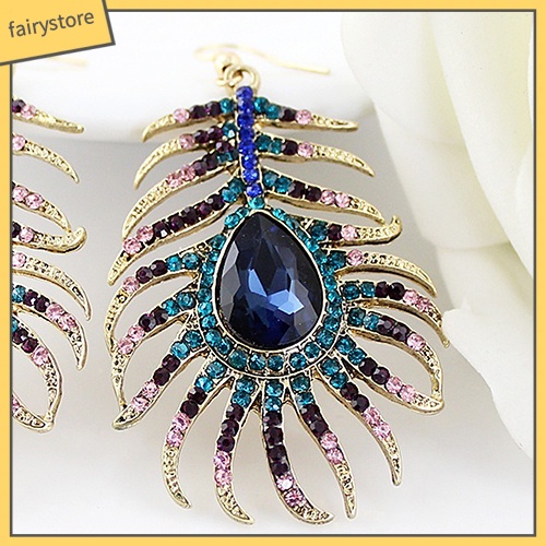 1 Cặp Bông Tai Hình Lông Công Đính Đá Phong Cách Retro Dành Cho Nữ