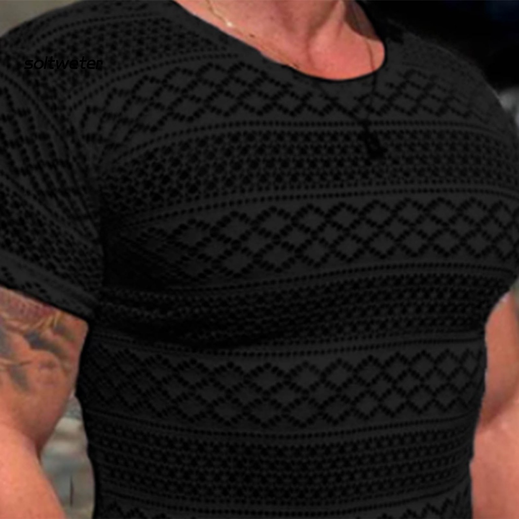 Áo Thun Tay Ngắn Dáng Ôm Phối Ren Họa Tiết Hình Học Thời Trang Mùa Hè Cho Nam