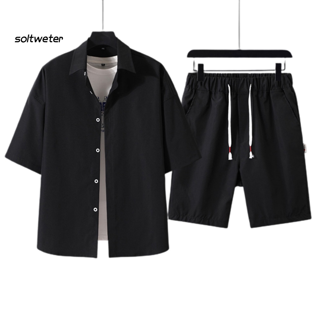 1 Bộ Áo Sơ Mi Màu Trơn Dáng Rộng + Quần Short Phong Cách Thể Thao Thời Trang Mùa Hè Cho Nam