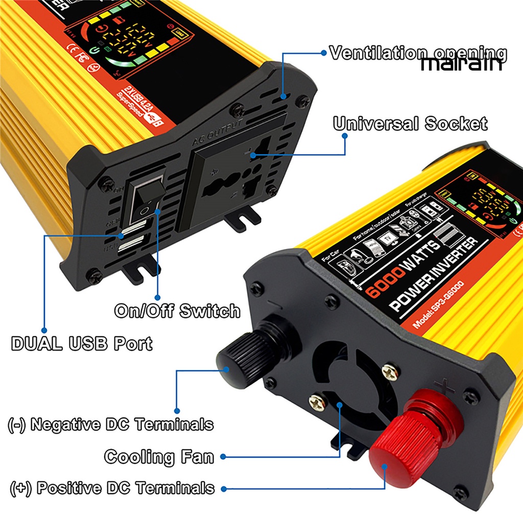 Bộ ChuyểN ĐổI NguồN ĐiệN MAL- 6000W DC12V Sang AC220V / 110V, MàN HìNh LCD Thông Minh Cho Xe Hơi