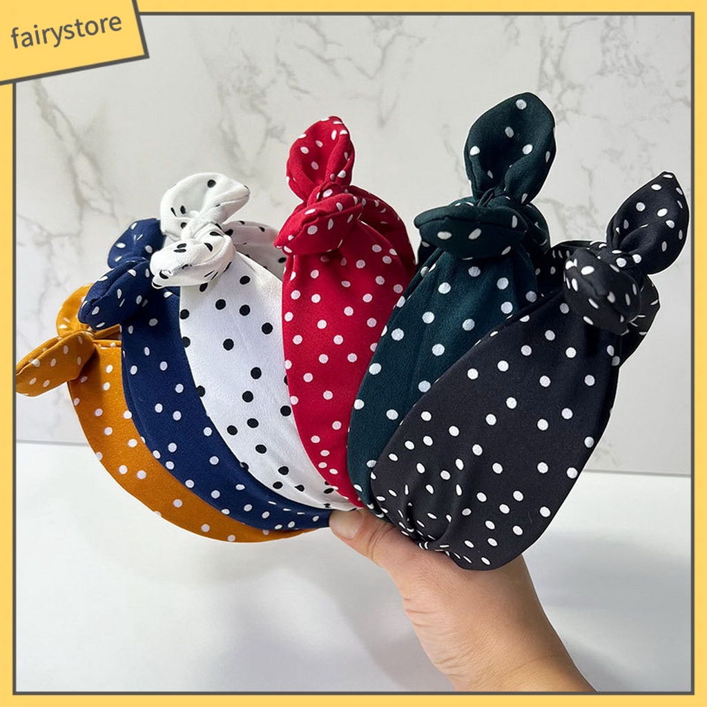 Băng Đô Tai Thỏ Co Giãn Chống Trượt In Họa Tiết Chấm Bi Màu Sắc Tương Phản Dành Cho Nữ