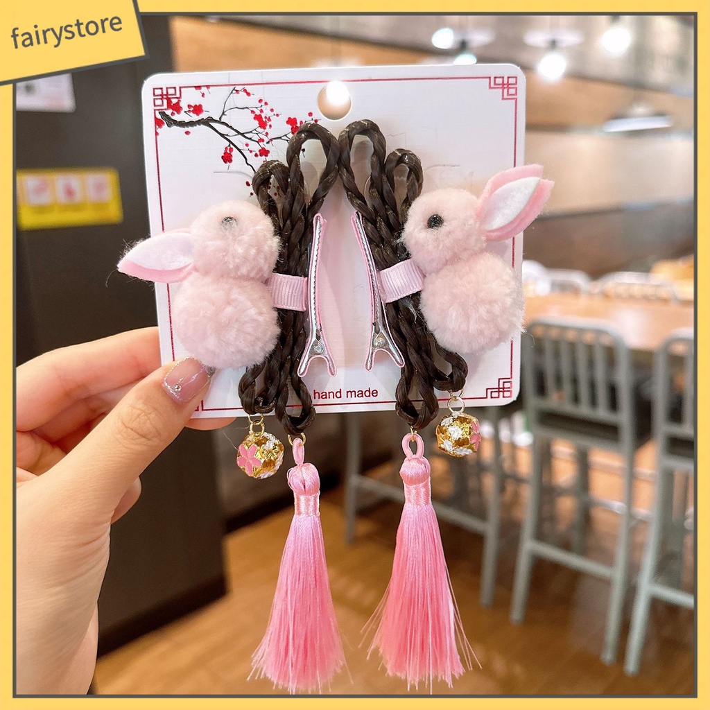 1 Cặp Kẹp Tóc Đính Tua Rua Thiết Kế Hình Thỏ Màu Sắc Dễ Thương Phong Cách Trung Hoa Cho Bé Gái