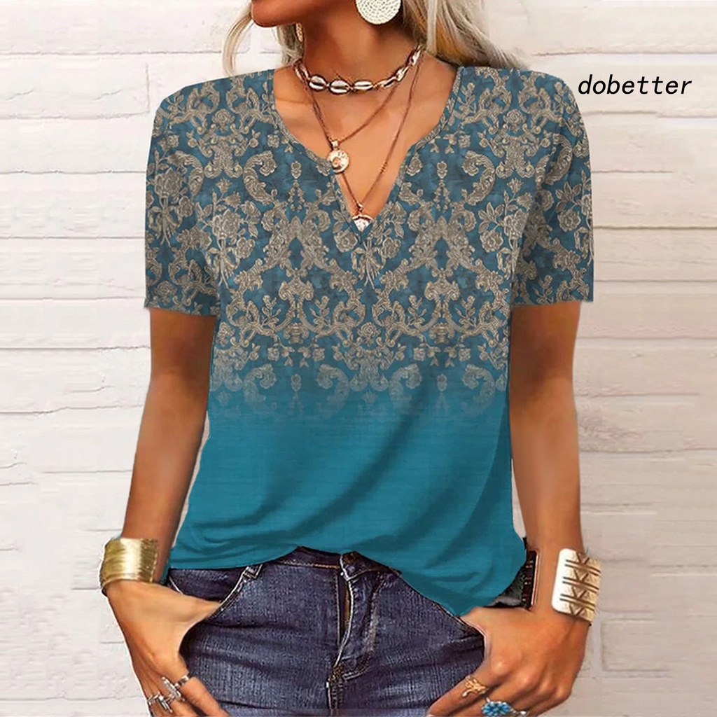Áo Sơ Mi Tay Ngắn Cổ Chữ V Thoáng Khí In Họa Tiết Vintage Thời Trang Mùa Hè Cho Nữ