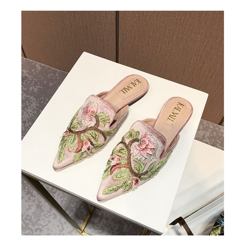 Dép Mũi Nhọn Đế Bằng Thêu Họa Tiết Đơn Giản Thời Trang Mùa Hè Cho Nữ