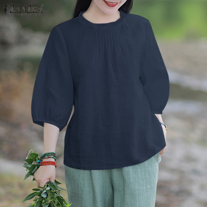 Zanzea Áo Kiểu Tay 3 / 4 Cổ Đứng Xếp Ly Trước Ngực Thời Trang Hàn Quốc Cho Nữ