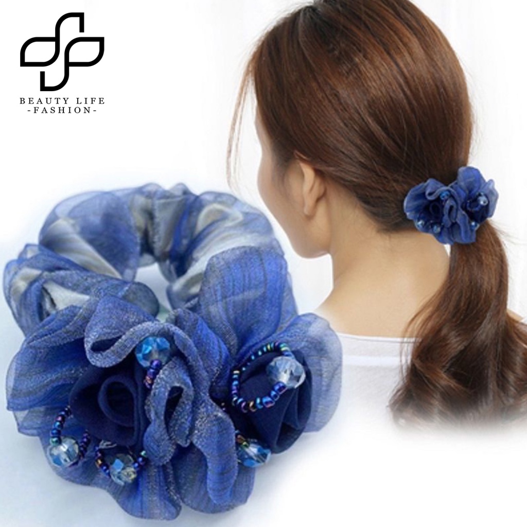 Dây Buộc Tóc Vải Mềm Co Giãn Cao Chống Rơi Đính Hạt Trang Trí Hoa Thời Trang