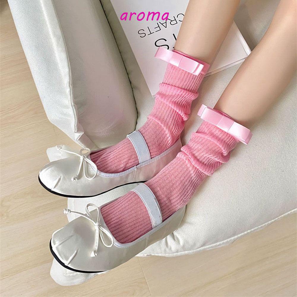 AROMA Vớ Dài Ngang Bắp Chân Kẻ Sọc Màu Trơn Đính Nơ Phong Cách Lolita Đáng Yêu Thời Trang Mùa Hè Cho Nữ